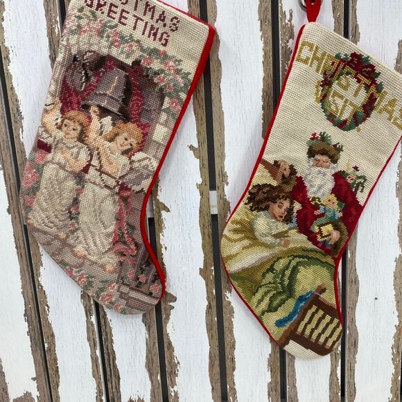 Vintage Needlepoint  Stockings Needlepoint by Hand Velvet backs Angels Santa - Picture 1 of 6
